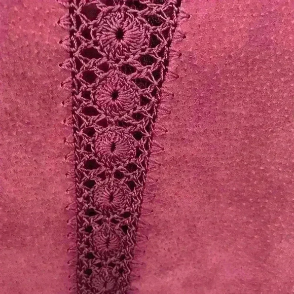 Vintage 1990s Burgundy Suede Crochet Lace
Trim Patchwork Button Up long Jacket - Picture 5 of 7